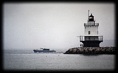 Lobster Boat Passes Spring Point Light in Fog - Gritty Look